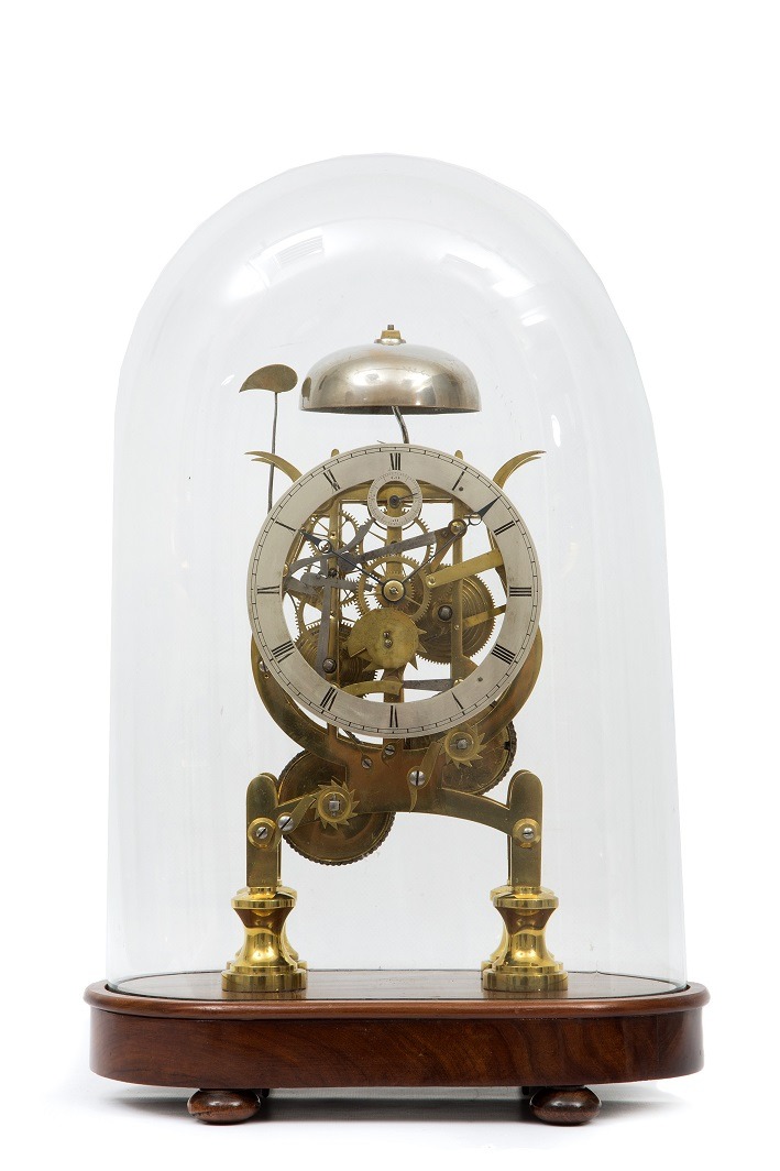 English brass skeleton clock striking balance Dent 1840