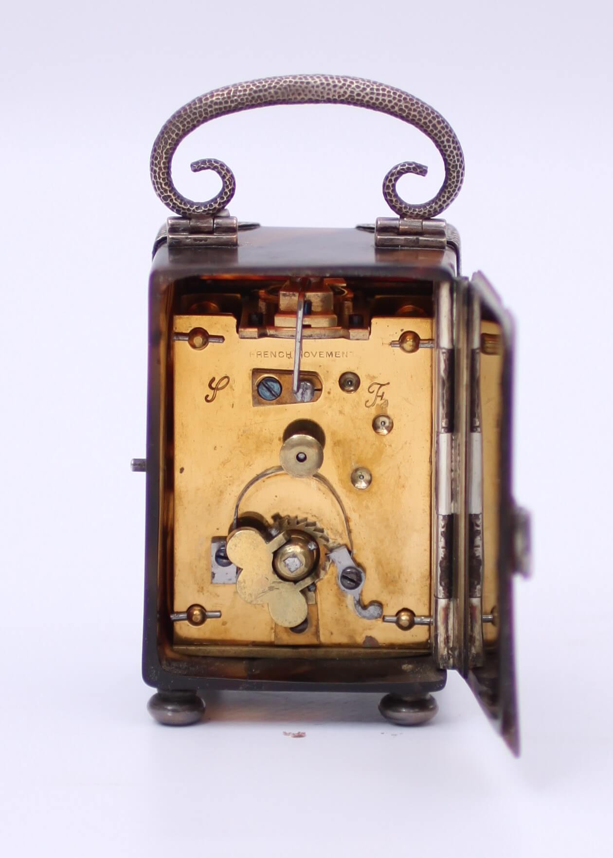 English tortoiseshell miniature silver carriage clock