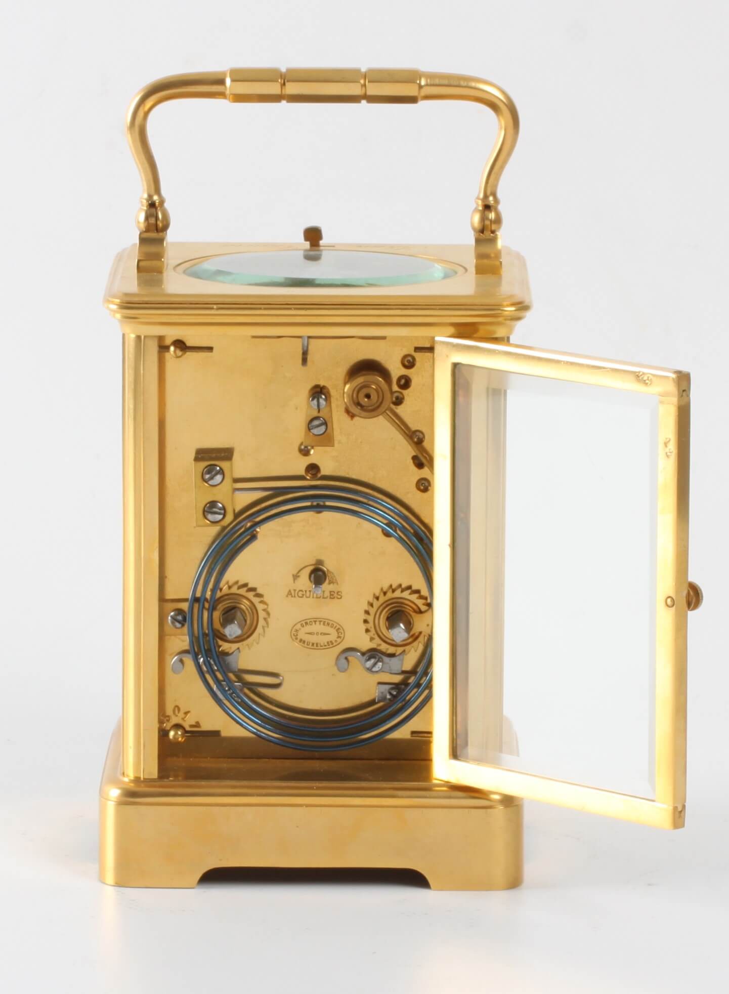 French-gilt-brass-corniche-case-repeating-striking-carriage-travel-doctors-antique-clock-Grottendiek-Bruxelles-