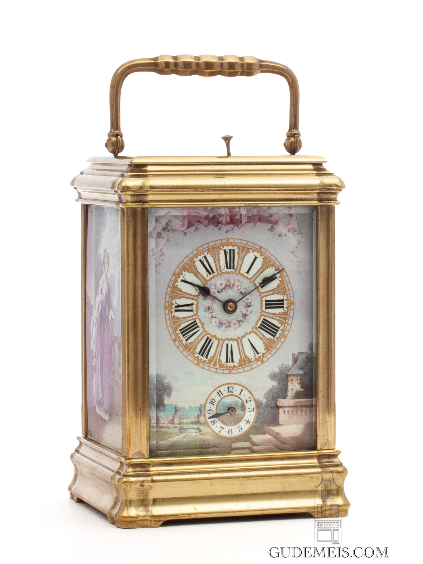 French-brass-victorian-gorge-case-porcelain-panels-striking-alarm-repeating-antique-carriage-travel-clock-