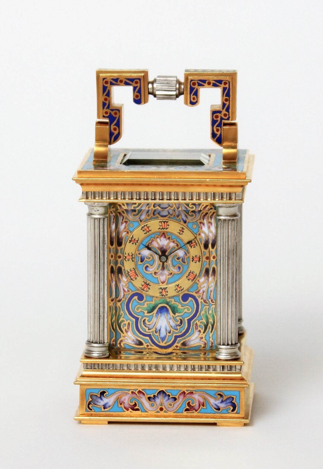French-cloisonné-anglaise-carriage clock-travel clock-antique clock-timepiece-gilt brass-