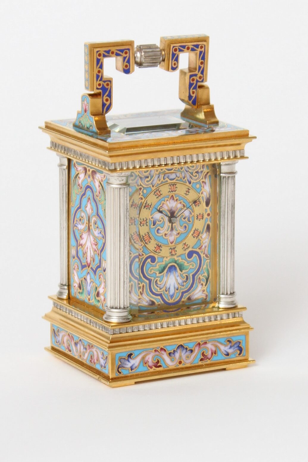 French-cloisonné-anglaise-carriage clock-travel clock-antique clock-timepiece-gilt brass-