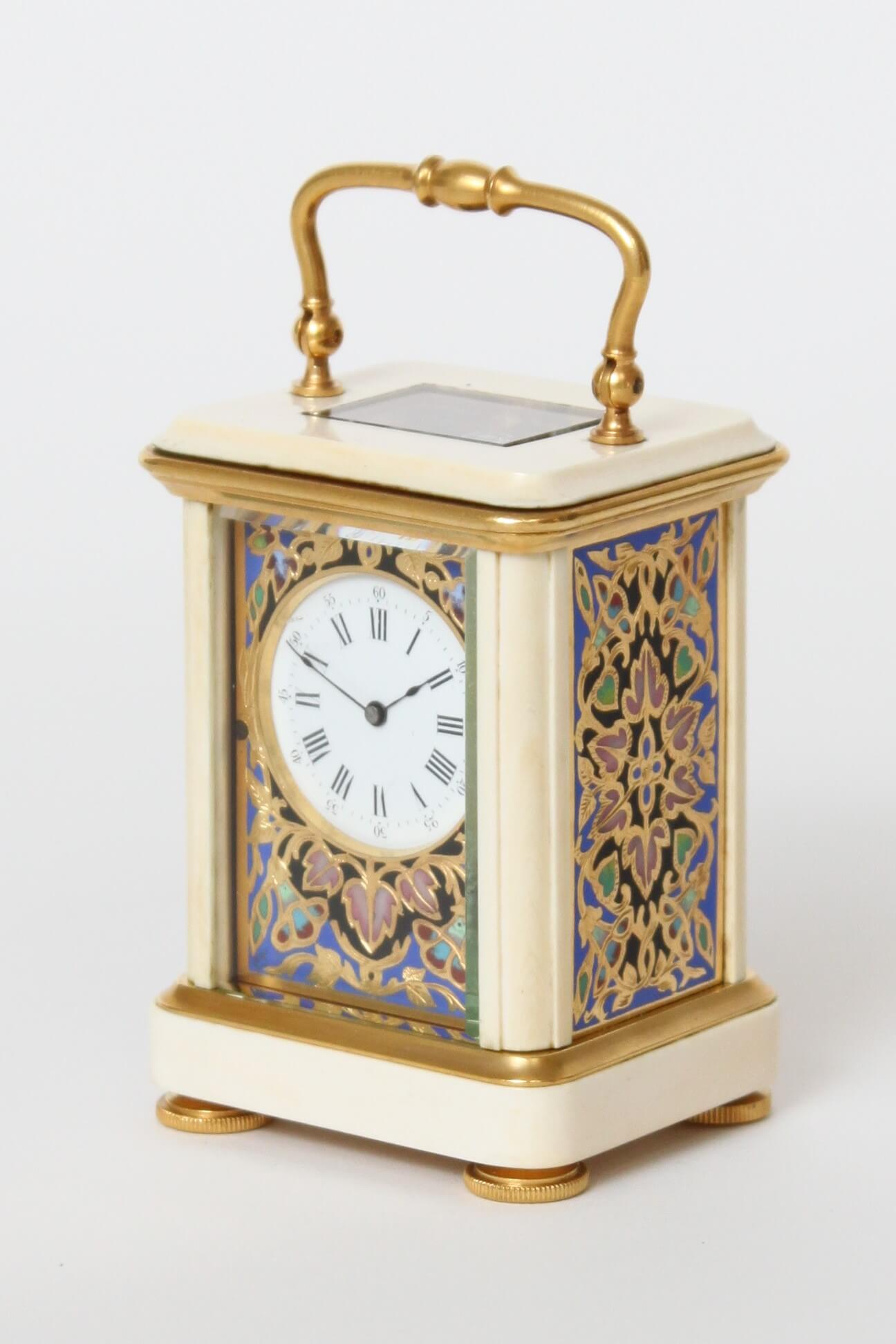 French-miniature-ivory-cloisonné-travel clock-antique clock-carriage clock