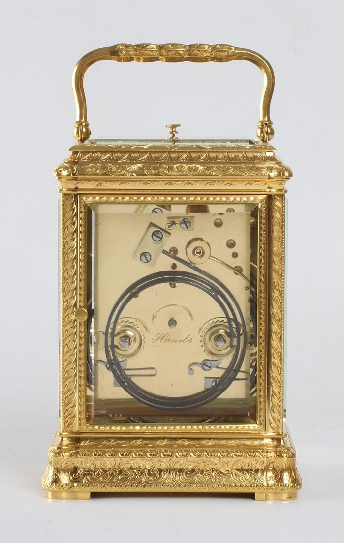 French gilt engraved carriage clock repeater renaissance 1880