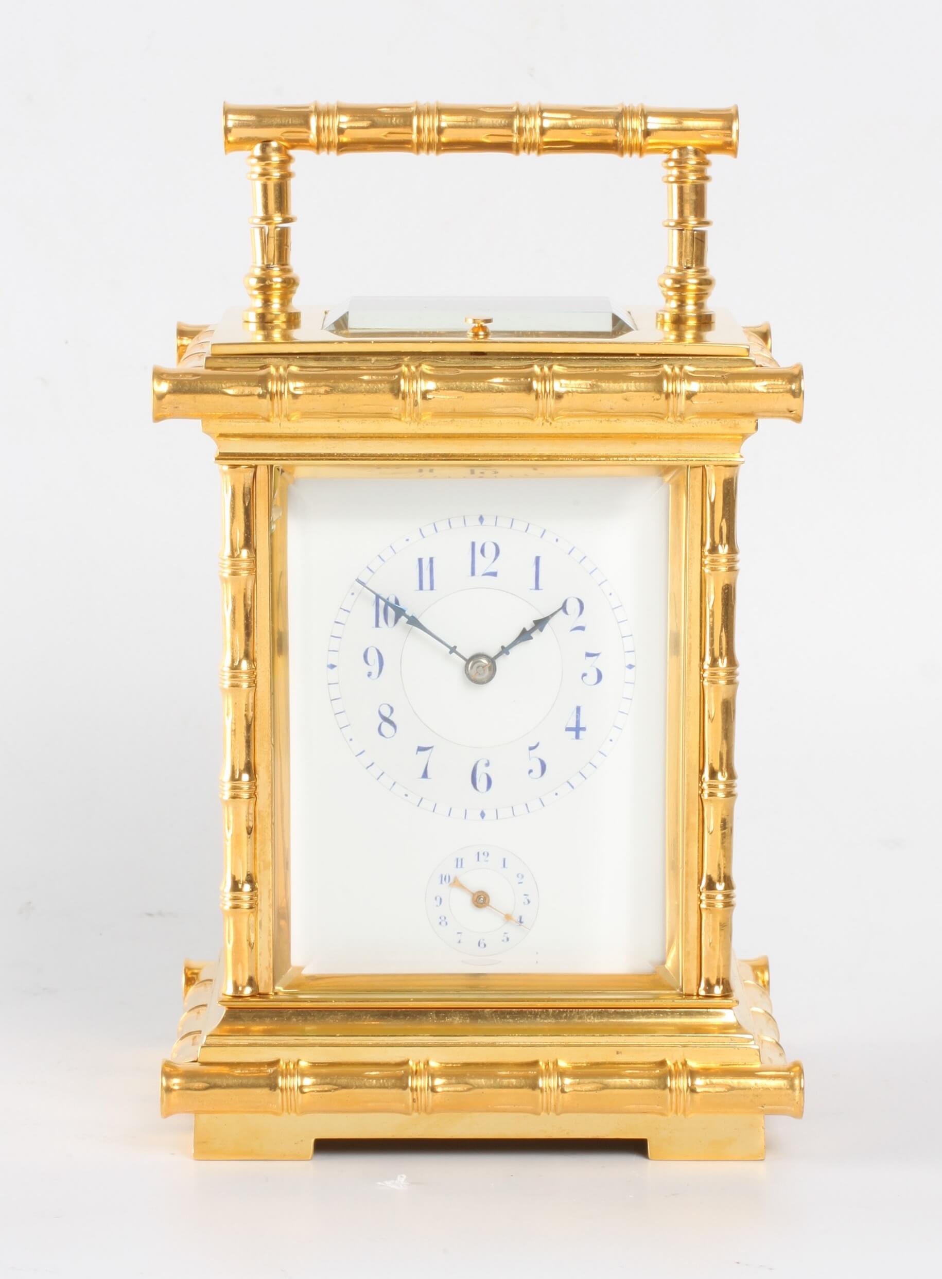 French gilt bamboo repeater carriage clock 1890