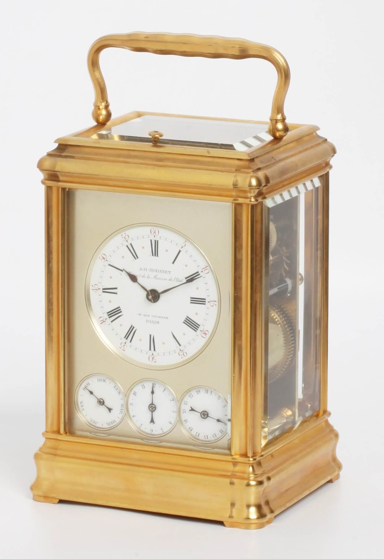 French gilt gorge carriage clock calendar Rodanet 1890