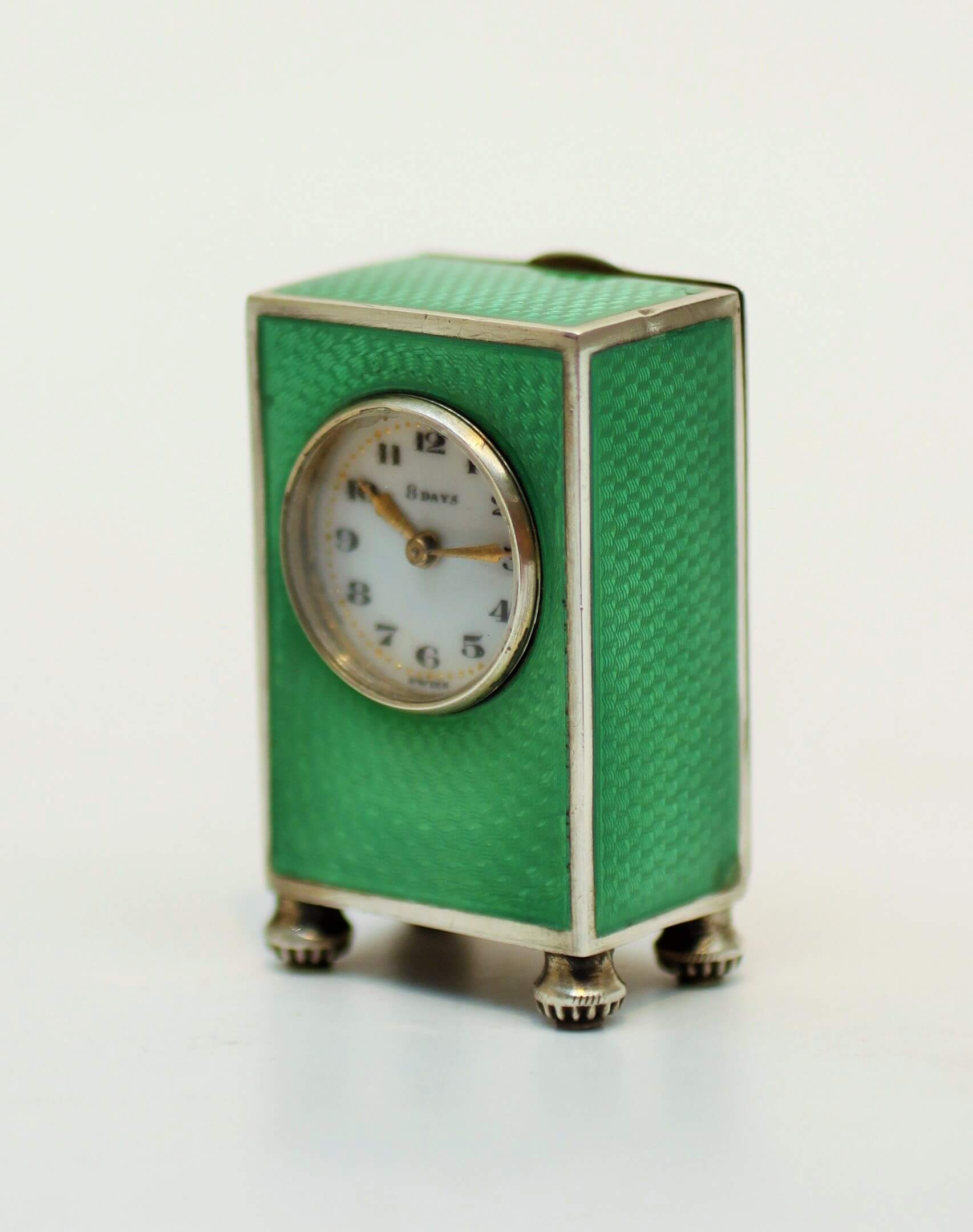 Swiss miniature guilloche enamel silver boudoir clock 1920