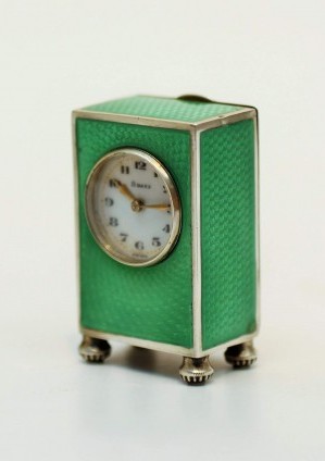 Swiss Miniature Guilloche Enamel Silver Boudoir Clock 1920