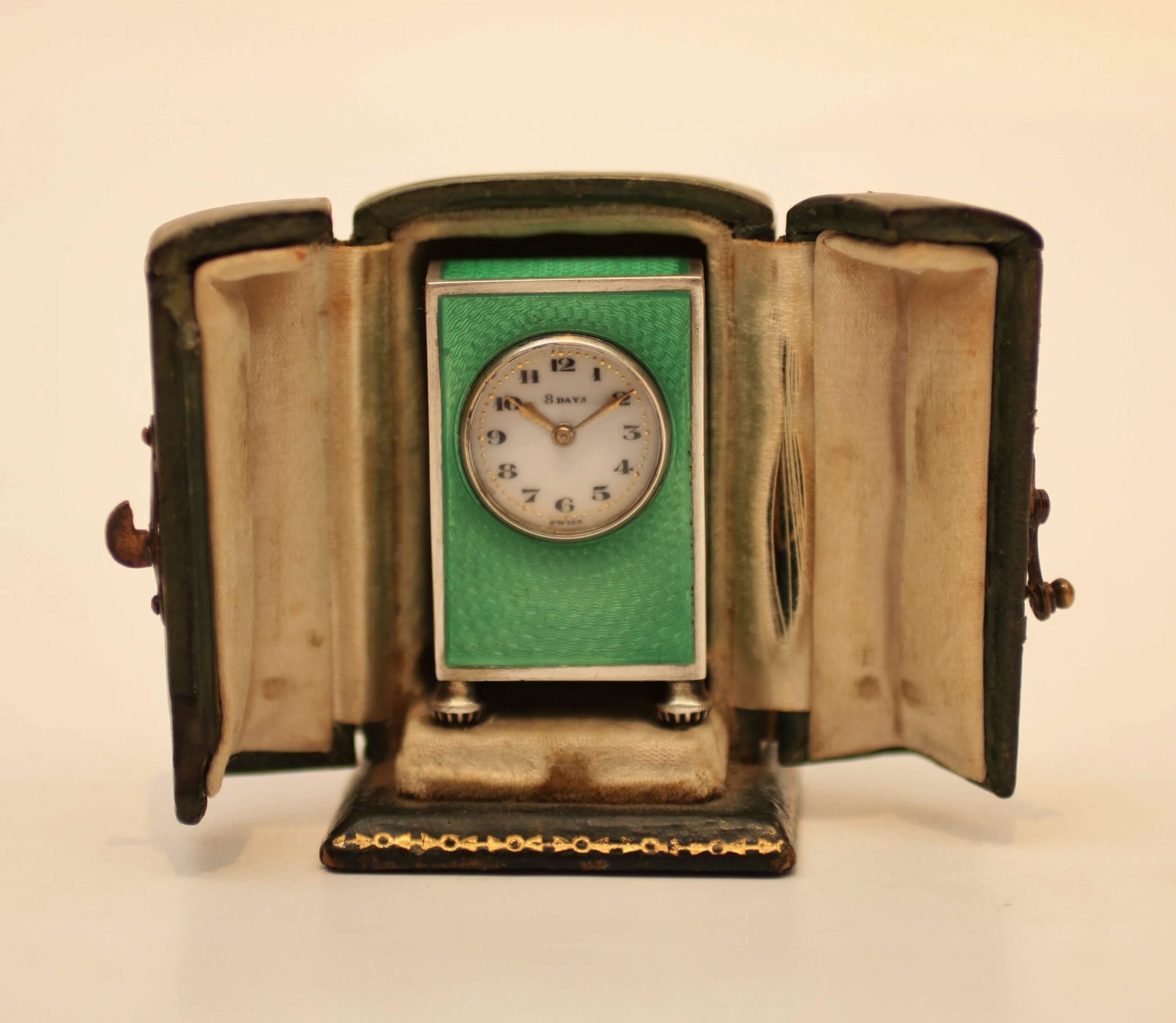 Swiss miniature guilloche enamel silver boudoir clock 1920