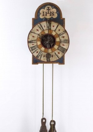 South German Tirol Polychrome Iron Front Pendulum Striking Wall Clock