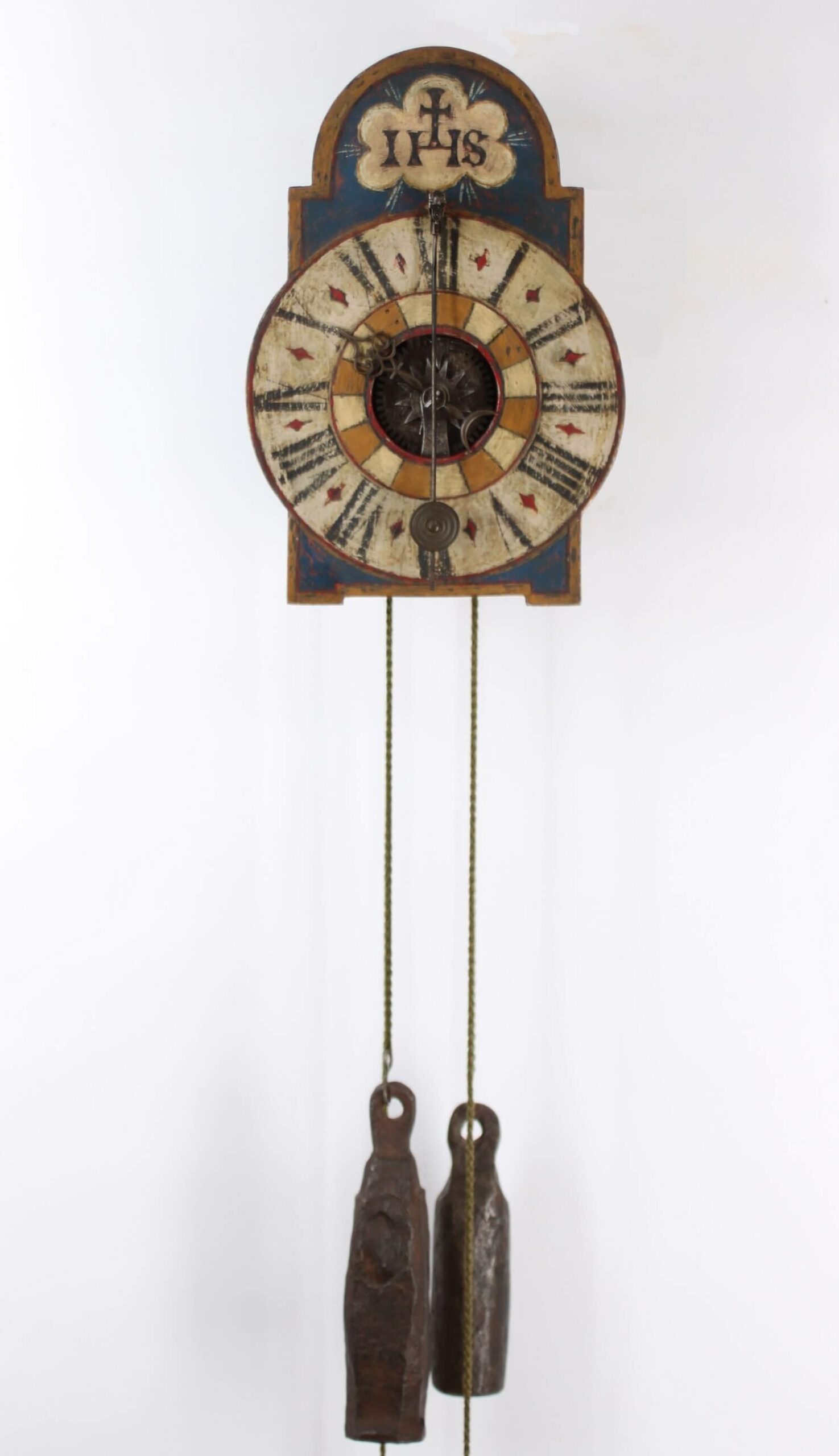 South German Tirol polychrome iron front pendulum striking wall clock