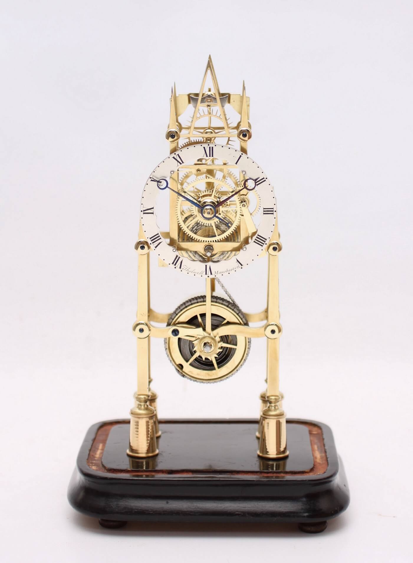 English brass skeleton clock Thelwell 1840