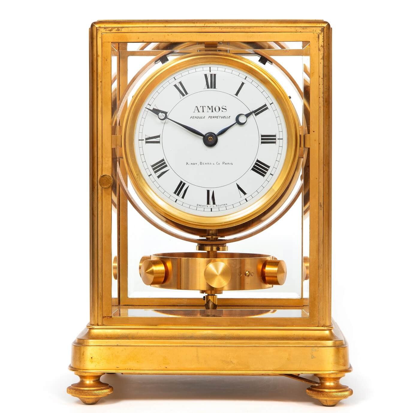 A French art deco gilt brass atmos clock, J.L. Reutter, circa 1930