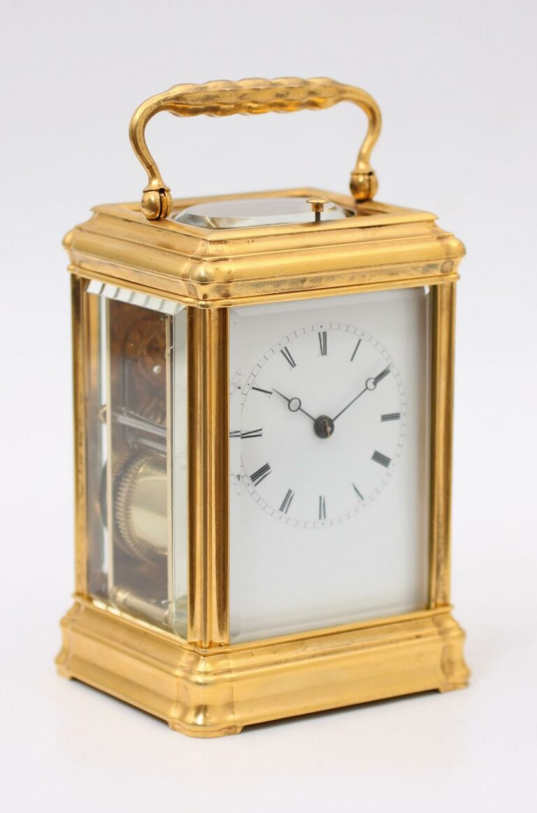 A French gilt bottom wind carriage clock, Leroy & Fils, circa 1870