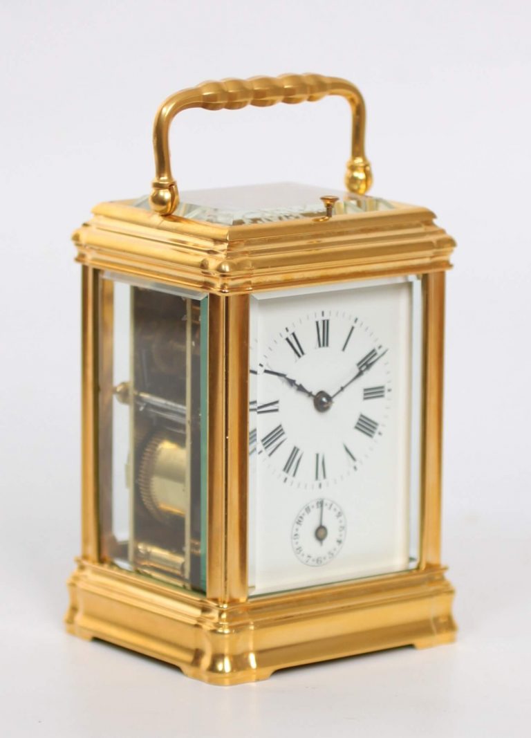 A fine French gilt brass Gorge case repeating alarm carriage clock ...
