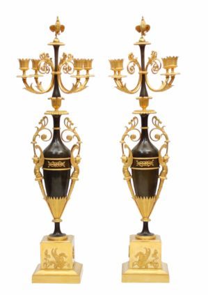 French Patinated Bronze Ormolu Empire Candelabra