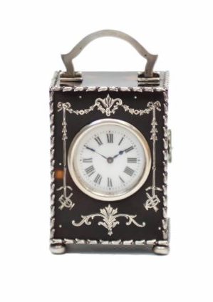 Miniature English Silver Tortoiseshell Carriage Clock London