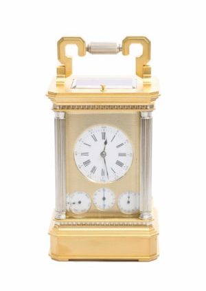 French Travel Carriage Clock Calendar Brass Gilt Silvered