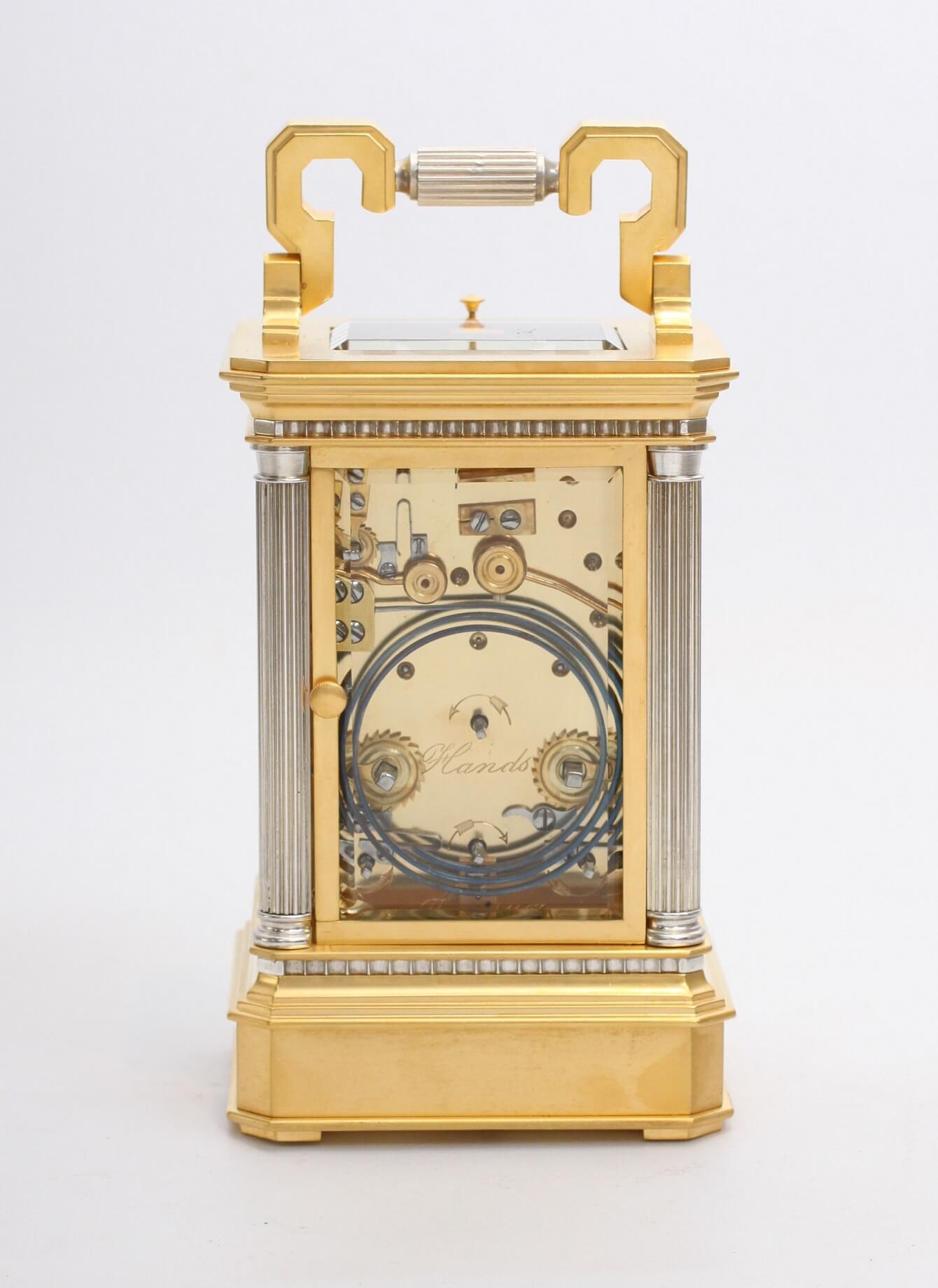 French travel carriage clock calendar brass gilt silvered
