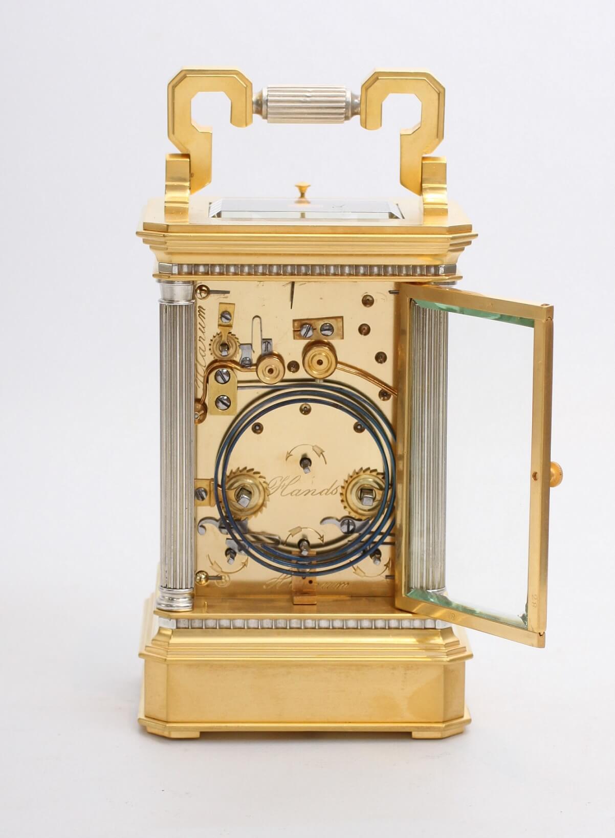 French travel carriage clock calendar brass gilt silvered