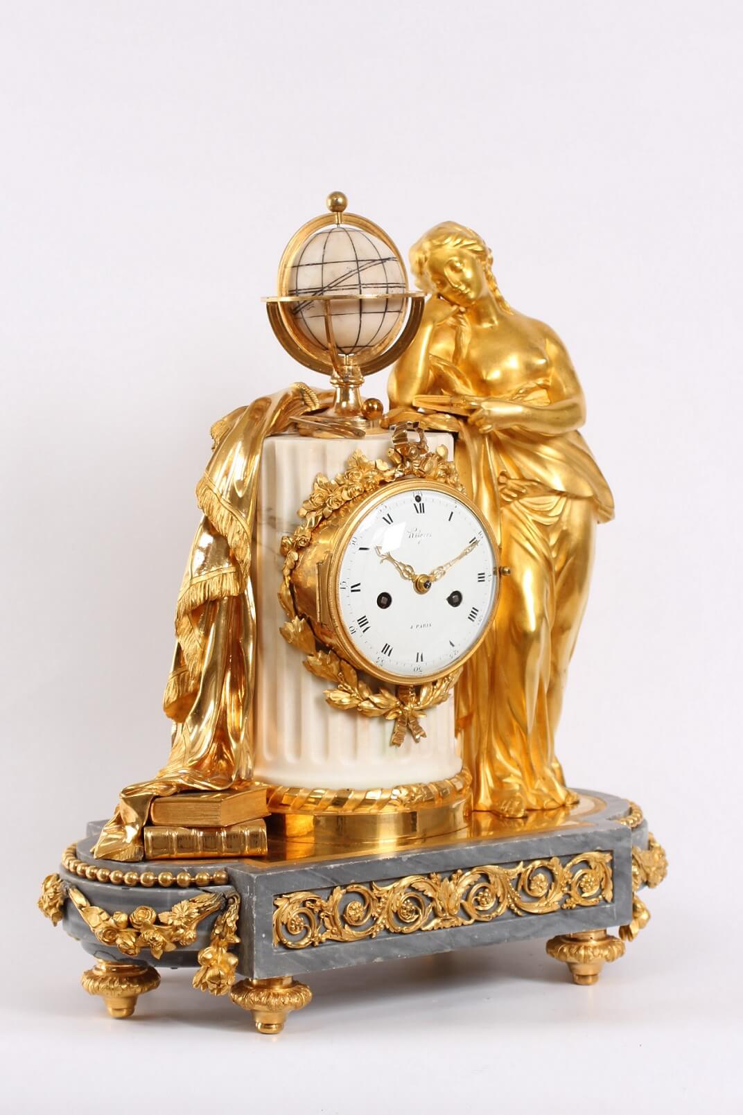 French Louis XVI Urania ormolu marble sculptural mantel clock 1770