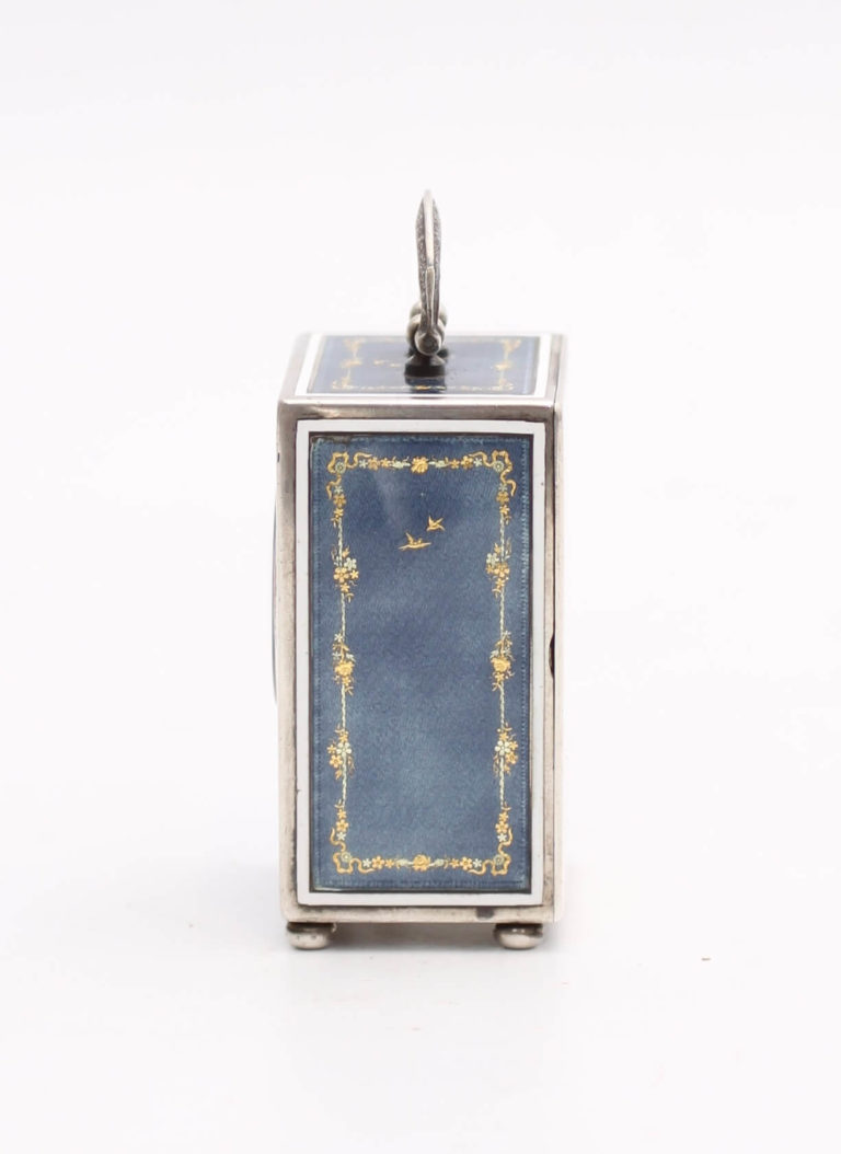 A Swiss silver miniature translucent enamel travel clock, circa 1920 ...