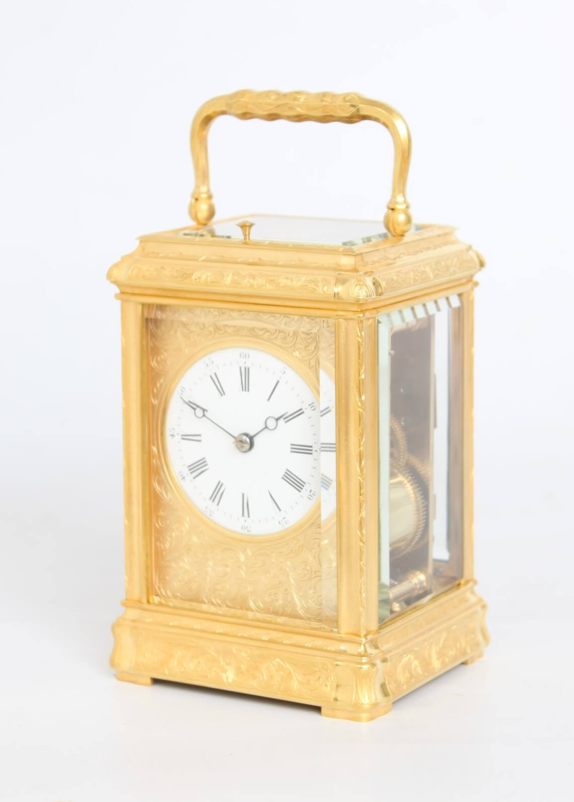 French-gilt brass-engraved-carriage clock-antique clock-striking-repeating-travel clock