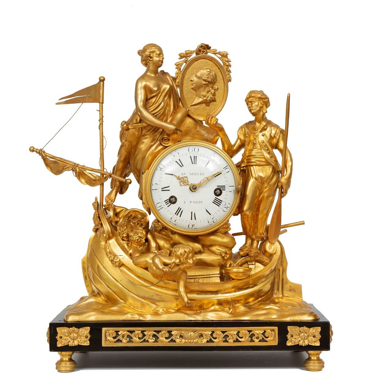 A French Louis gilt bronze clock, Les Corsaires, Le Nepveu, 1770 - Gude & Meis