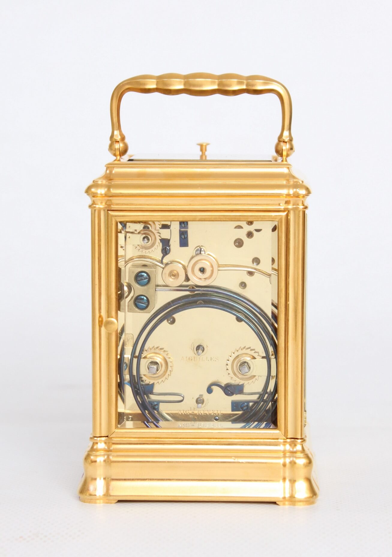French-antique clock-carriage clock-striking-alarm-gilt brass-gorge case-Henri Jacot