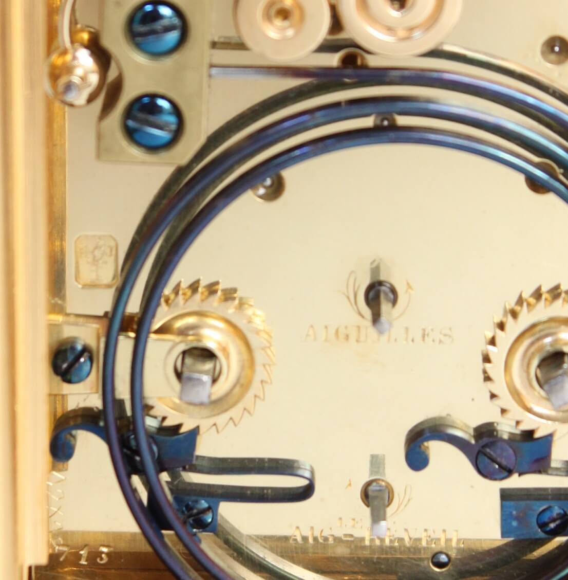 French-antique clock-carriage clock-striking-alarm-gilt brass-gorge case-Henri Jacot