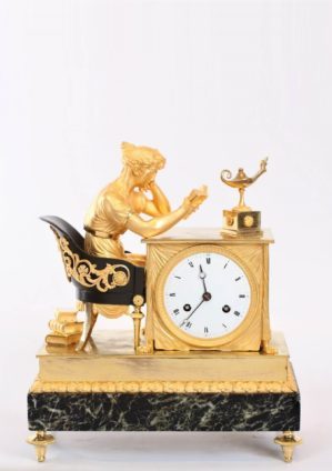 French-Empire-patinated-ormolu-gilt Bronze-marble-verde Antico-lectura-mantel Clock