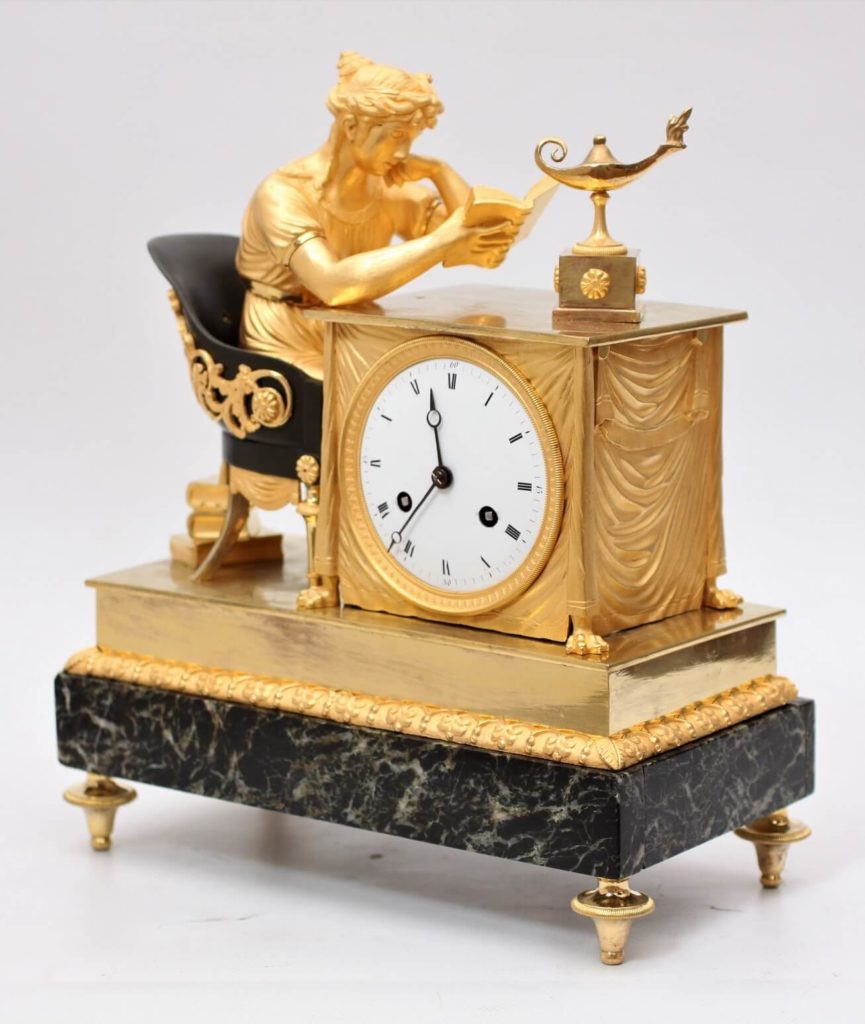 French-Empire-patinated-ormolu-gilt bronze-marble-verde antico-lectura-mantel clock