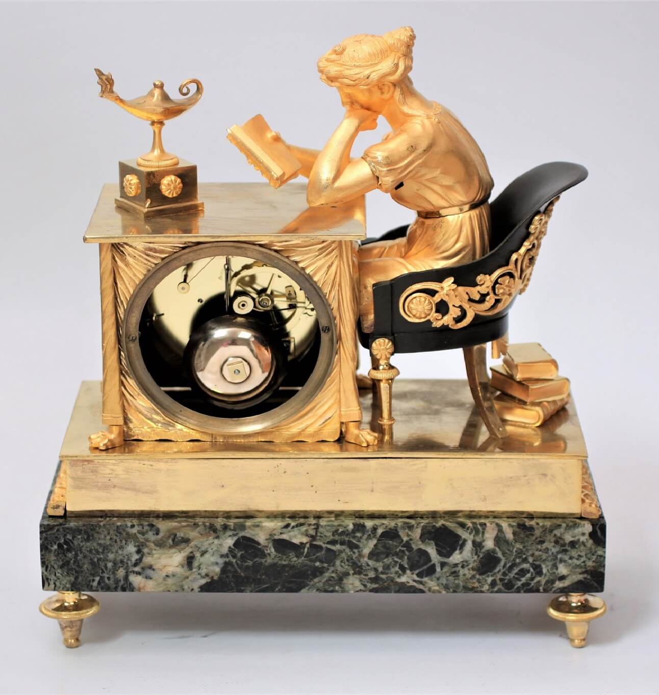 French-Empire-patinated-ormolu-gilt bronze-marble-verde antico-lectura-mantel clock