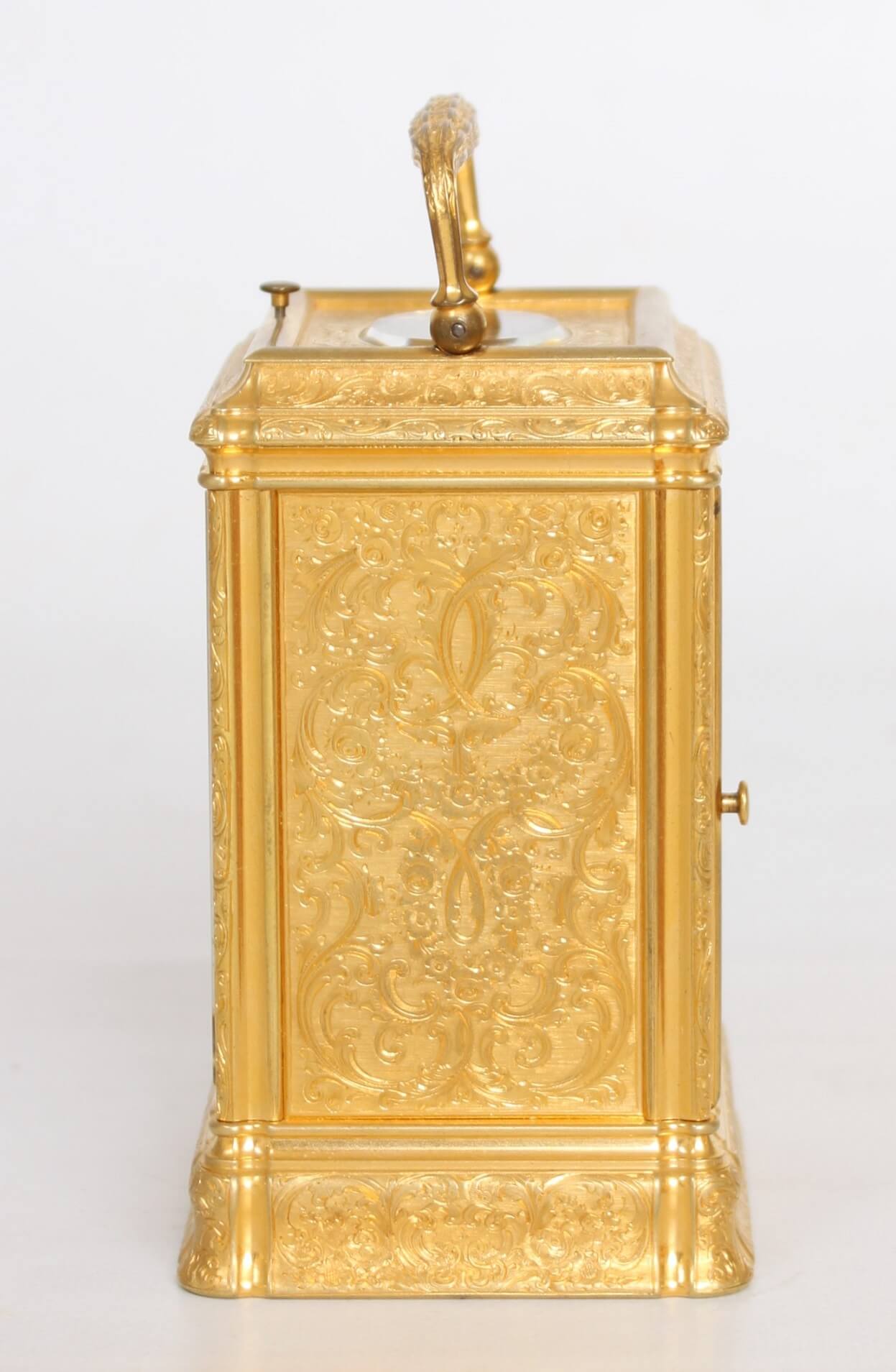 English-gorge case-carriage clock-quarter repeating-Dent-gilt brass-engraved
