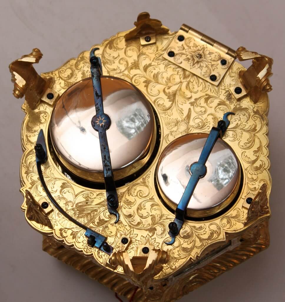 German-gilt brass-hexagonal-quarter striking-table clock-engraved-alarm-repeating