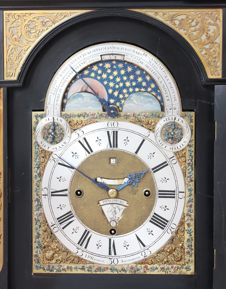 large-Dutch-bracket- clock-antique clock-Kroese-Amsterdam-musical-calendar-moonphase-striking
