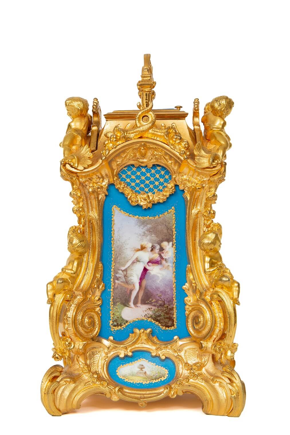 French-Drocourt-carriage clock-rococo case-antique clock-Sevres-porcelain-gilt bronze