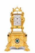 French-gilt-brass-carriage-antique-clock-travel-sculptural-exhibition-Paul Garnier-Paris-alarm-repeating-malachite