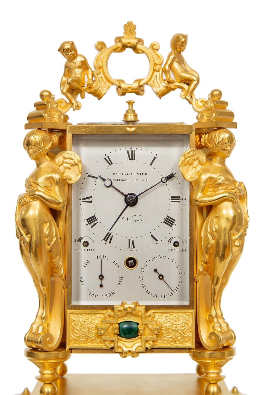 French-gilt-brass-carriage-antique-clock-travel-sculptural-exhibition-Paul Garnier-Paris-alarm-repeating-malachite