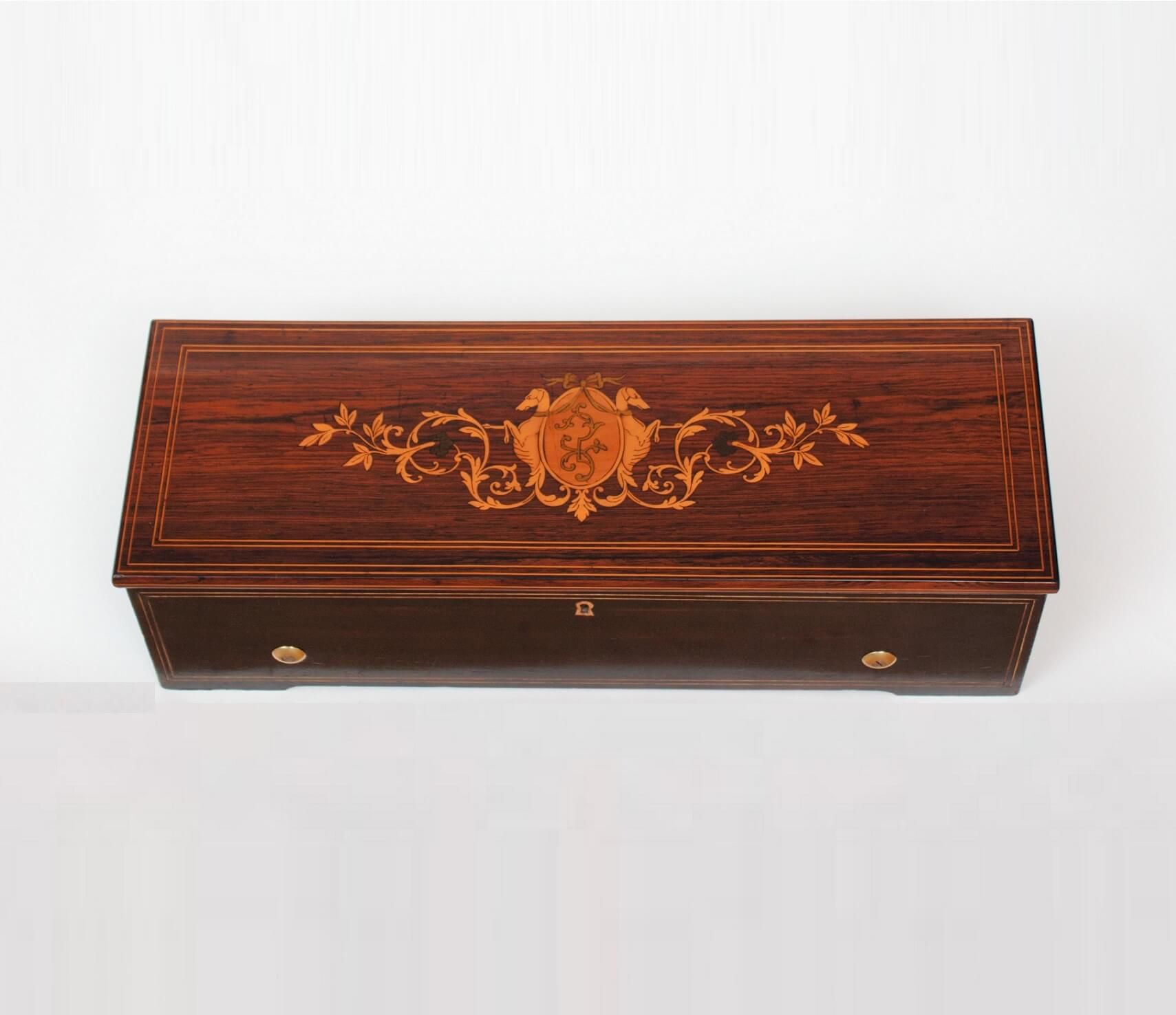 Swiss-Nicole-Freres-cylinder-music box-musical-rosewood-mozart-sidewinder-marquetry-