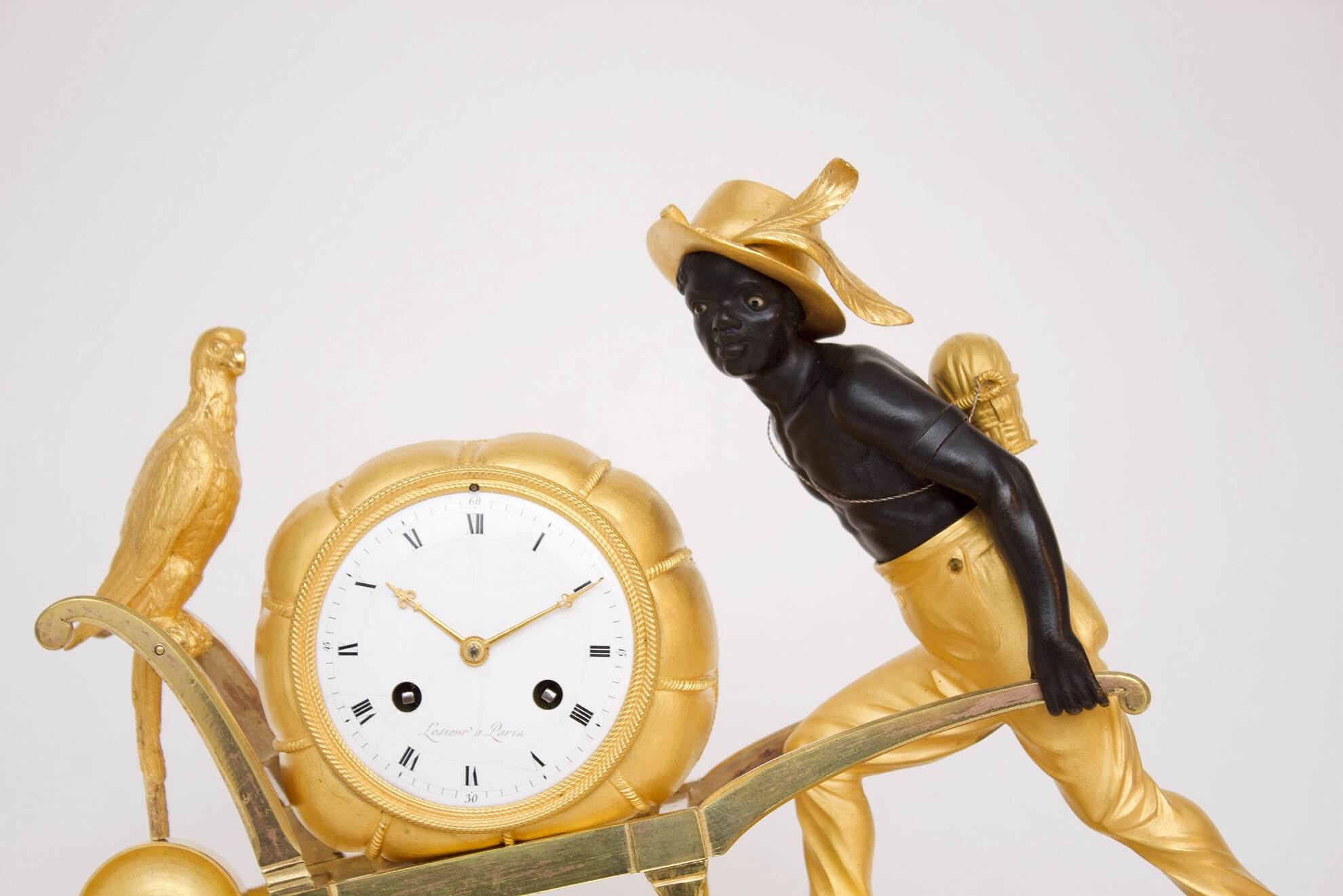 French-Empire-Directoire-ormolu-gilt-patinated-bronze-blackamoor-bon sauvage-antique-mantel-clock-Deverberie-Lesieur