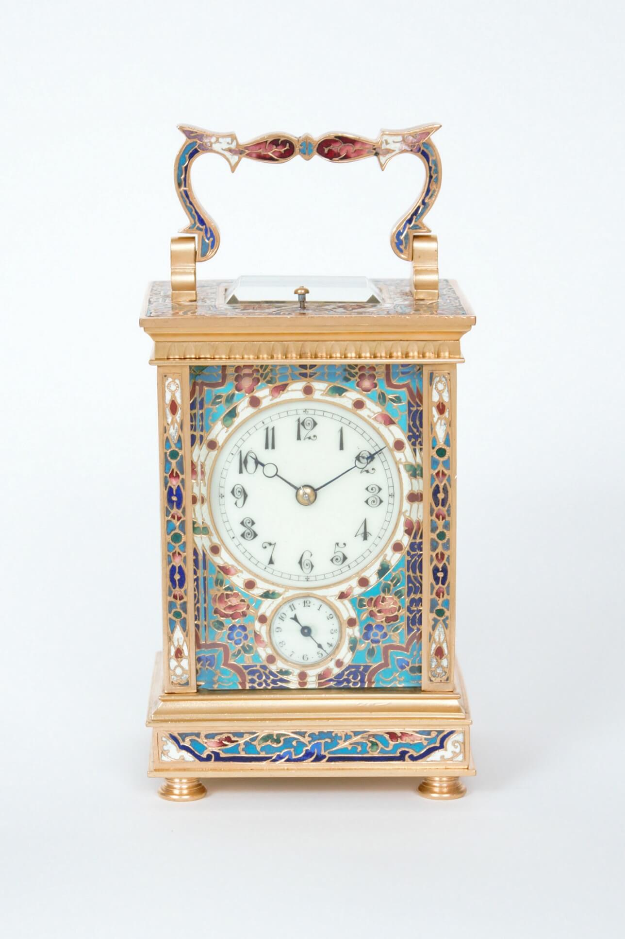 Frenchcloisonnegiltbrassantiquecarriageclocktravelgrande