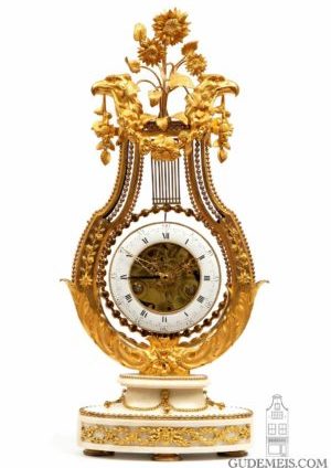 French-Belgian-Bruxelles-Louis XVI-lyre-ormolu-fire-gilt-marble-skeletonized-antique-mantel-oscillating-clock-vanderstaen