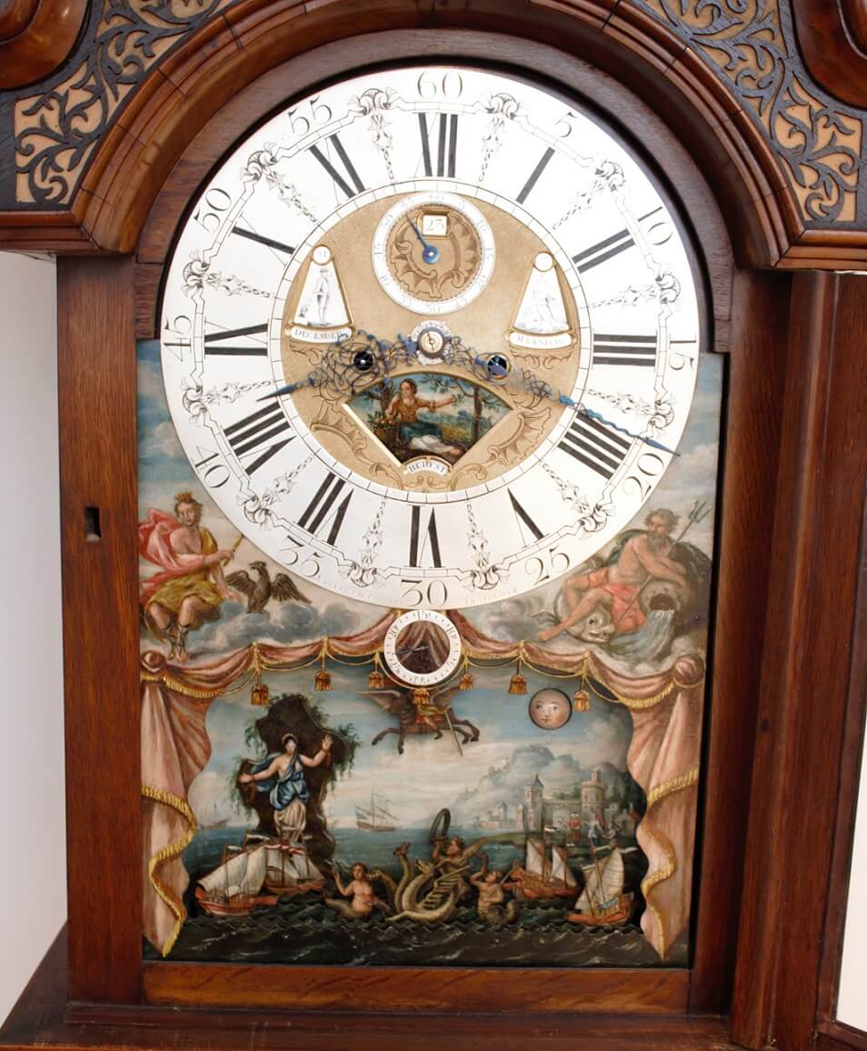 Dutch-burr-walut-calendar-moonphase-date-month-season-ships-automaton-antique-longcase-grandfather-clock-Amsterdam-du Chesne-rococo-striking-