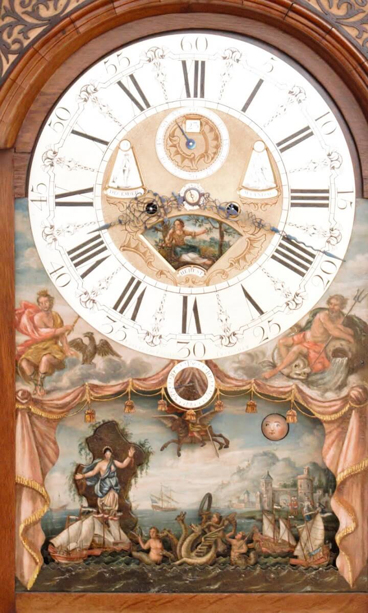 Dutch-burr-walut-calendar-moonphase-date-month-season-ships-automaton-antique-longcase-grandfather-clock-Amsterdam-du Chesne-rococo-striking-