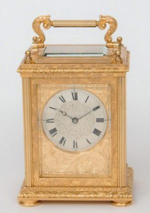 English-engraved-gilt-brass-blue John-carriage-antique-travel-clock-London-barwise-cole-