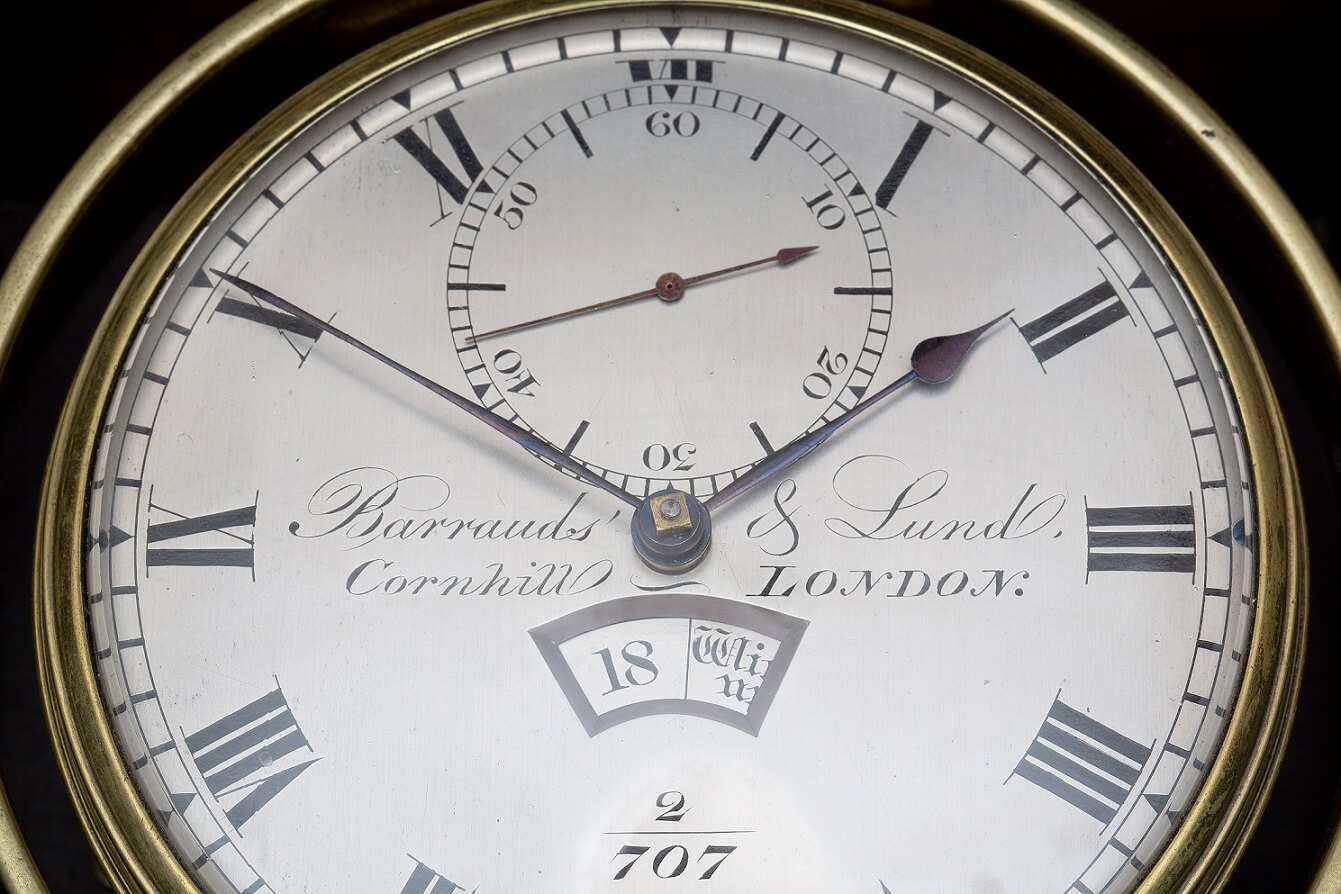 English-mahogany-brass-marine-ships-chronometer-Barraud-Lund-London-Cornhill-precision-two day-