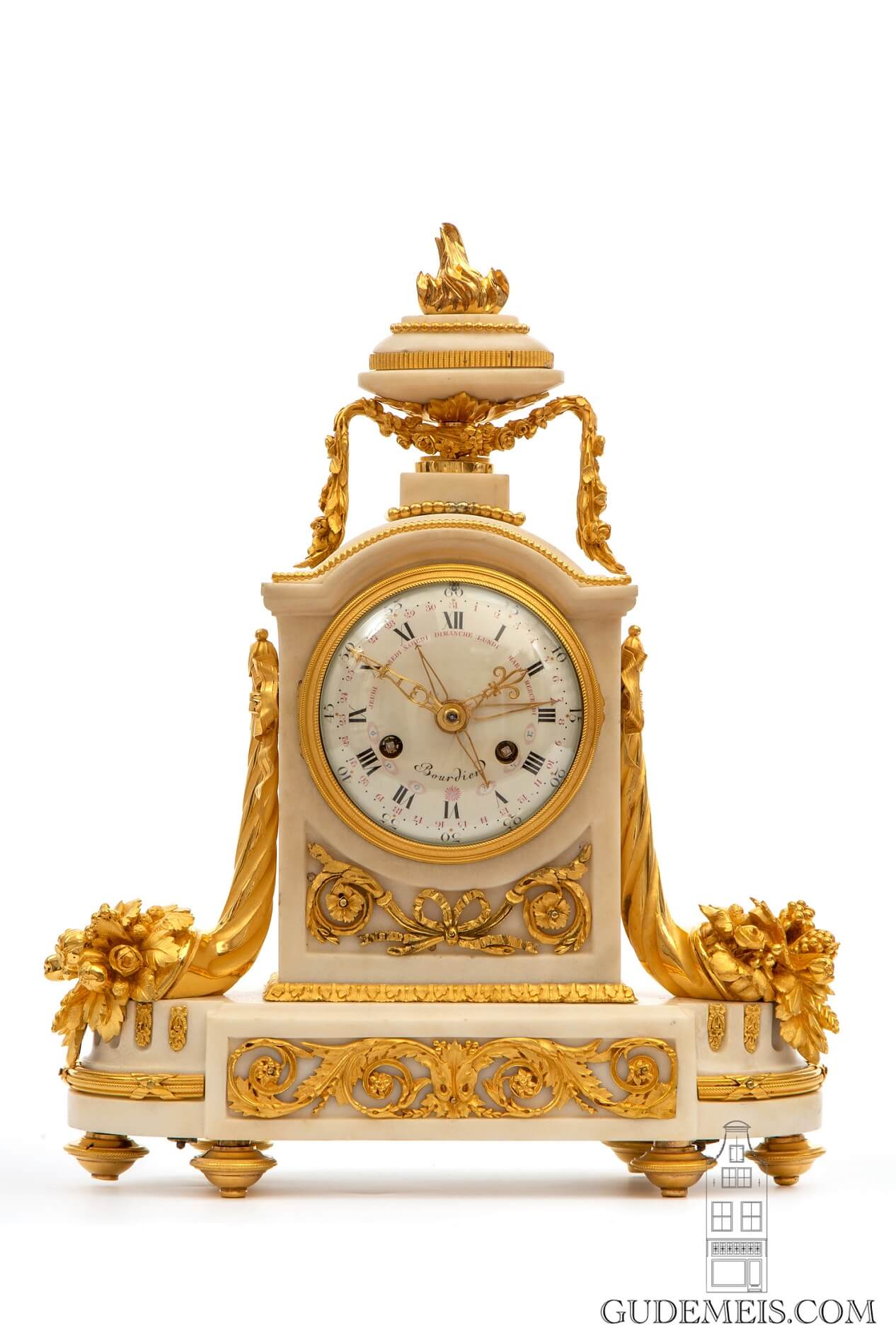 French-Louis XVI-borne-gilt-bronze-calendar-date-day-antique-mantel-clock-Bourdier-Paris-striking