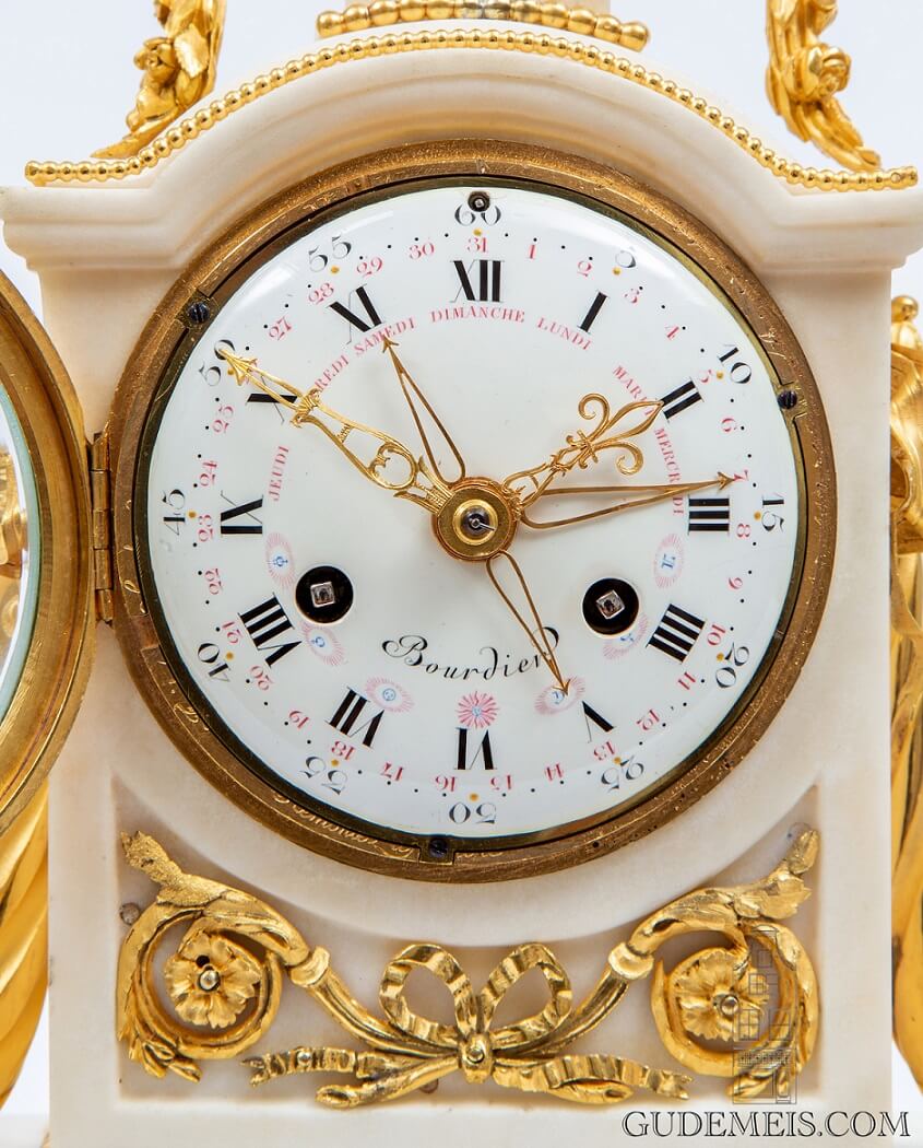 French-Louis XVI-borne-gilt-bronze-calendar-date-day-antique-mantel-clock-Bourdier-Paris-striking