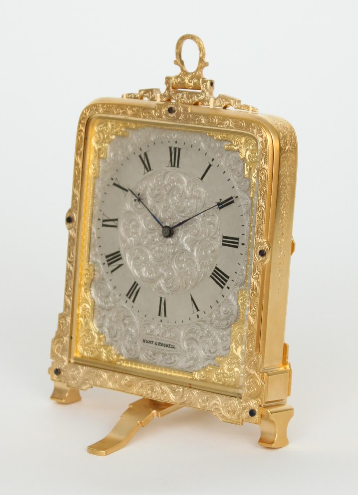 English-engraved-gilt-brass-eight-day-Cole-strut-clock-victorian-Hunt-Roskell-London-